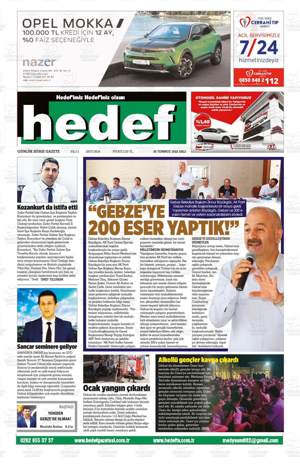 26 Temmuz 2022 Hedef Gazete Manşeti