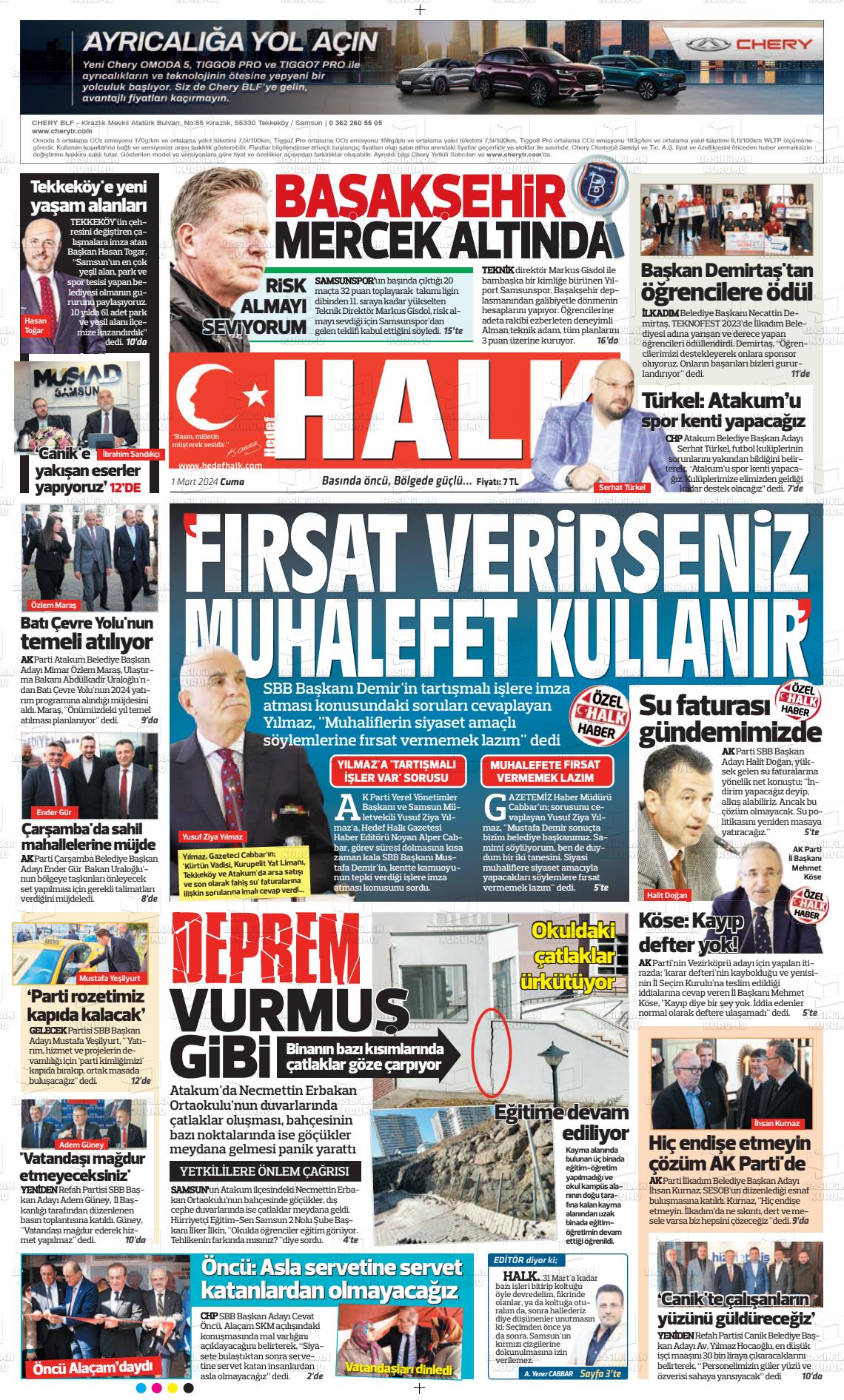 01 Mart 2024 Hedef Halk Gazete Manşeti