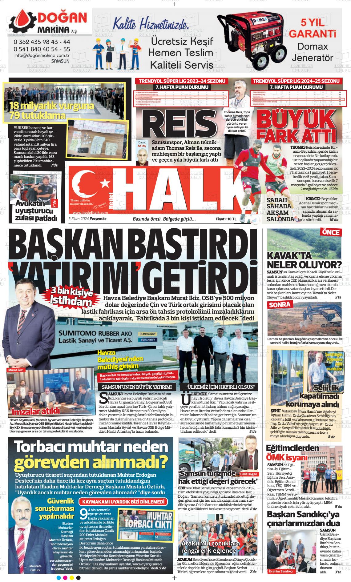 03 Ekim 2024 Hedef Halk Gazete Manşeti