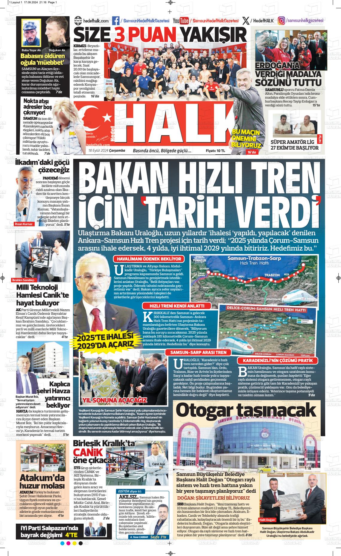 18 Eylül 2024 Hedef Halk Gazete Manşeti