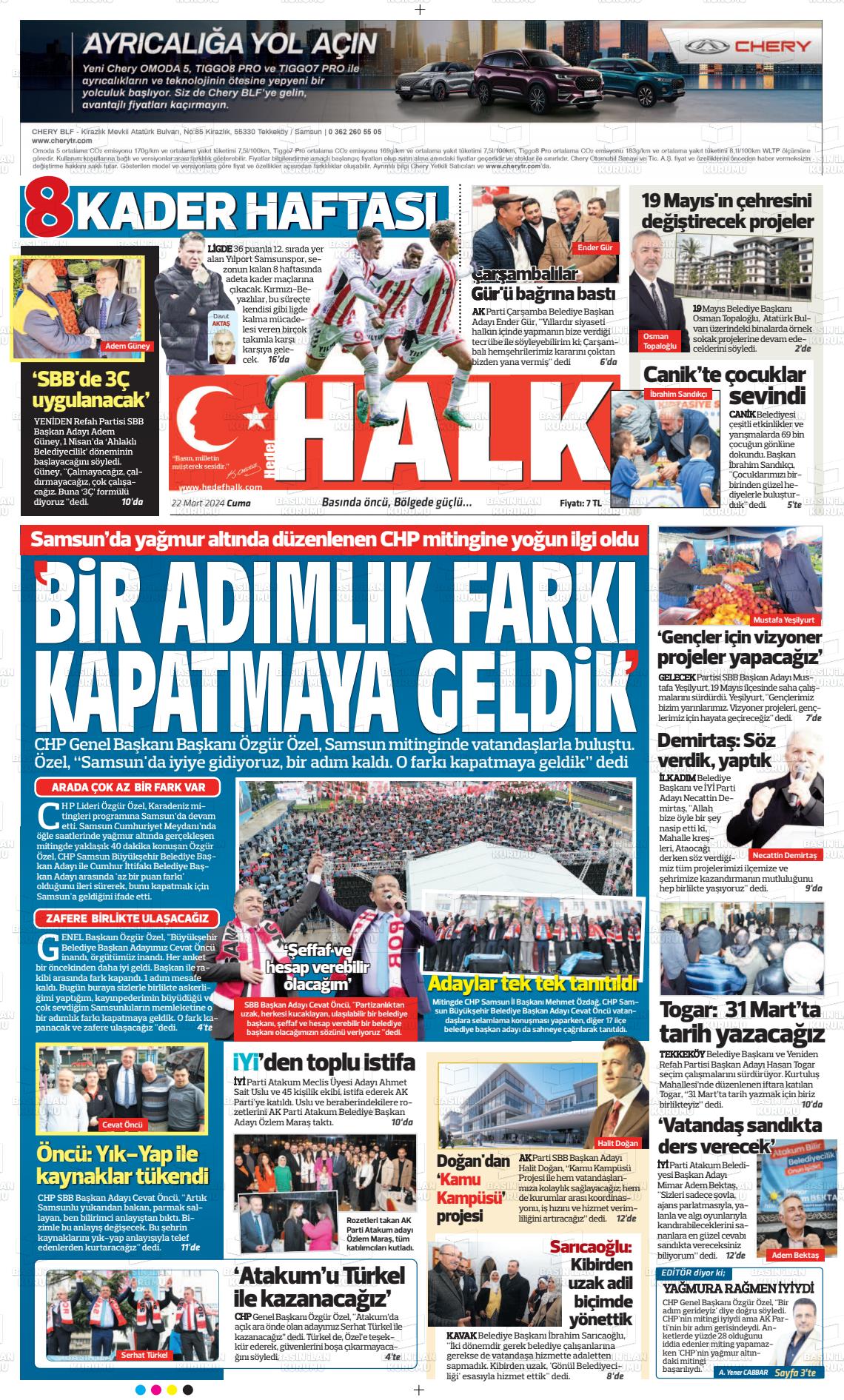 22 Mart 2024 Hedef Halk Gazete Manşeti