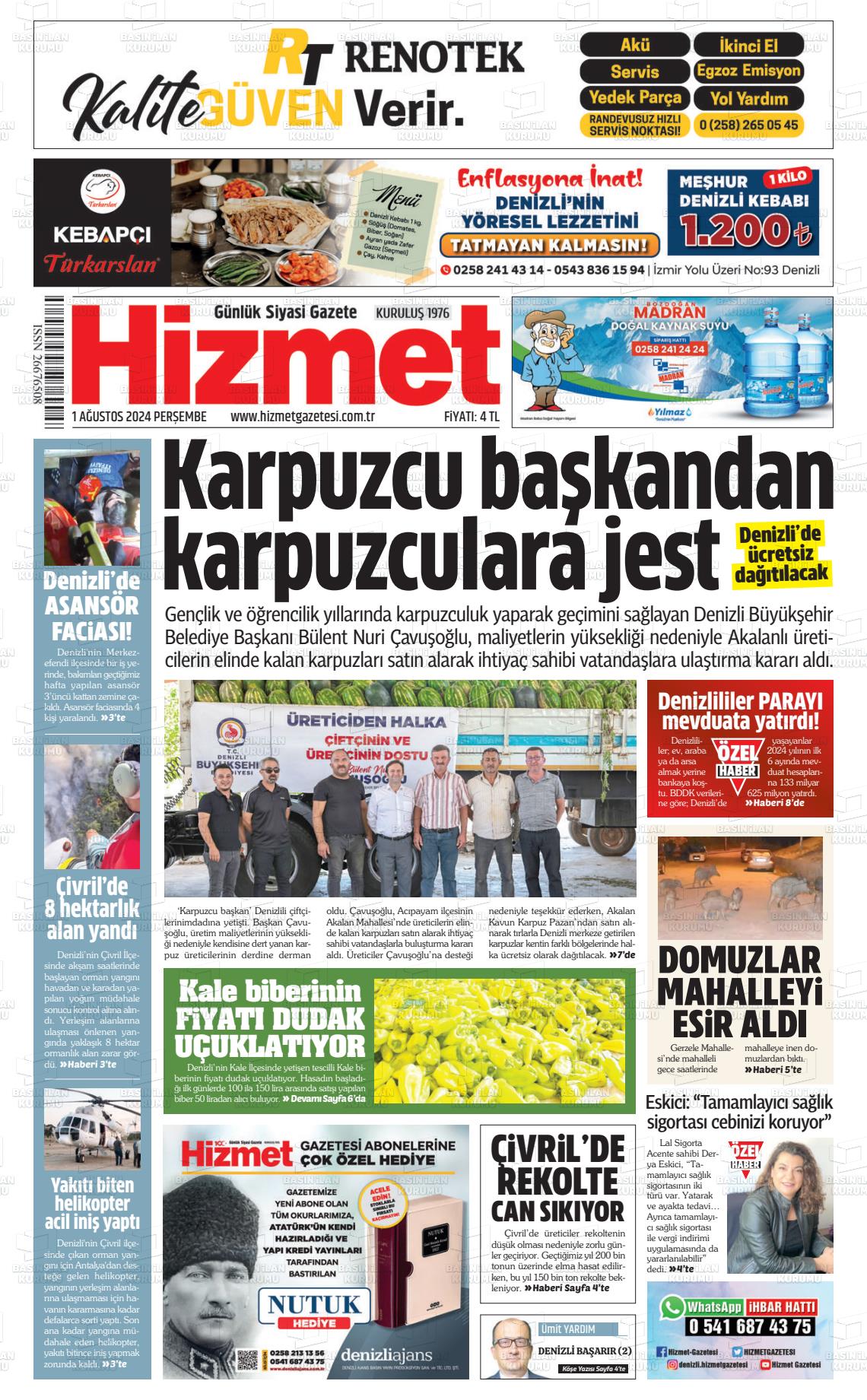 01 Ağustos 2024 Hizmet Gazete Manşeti