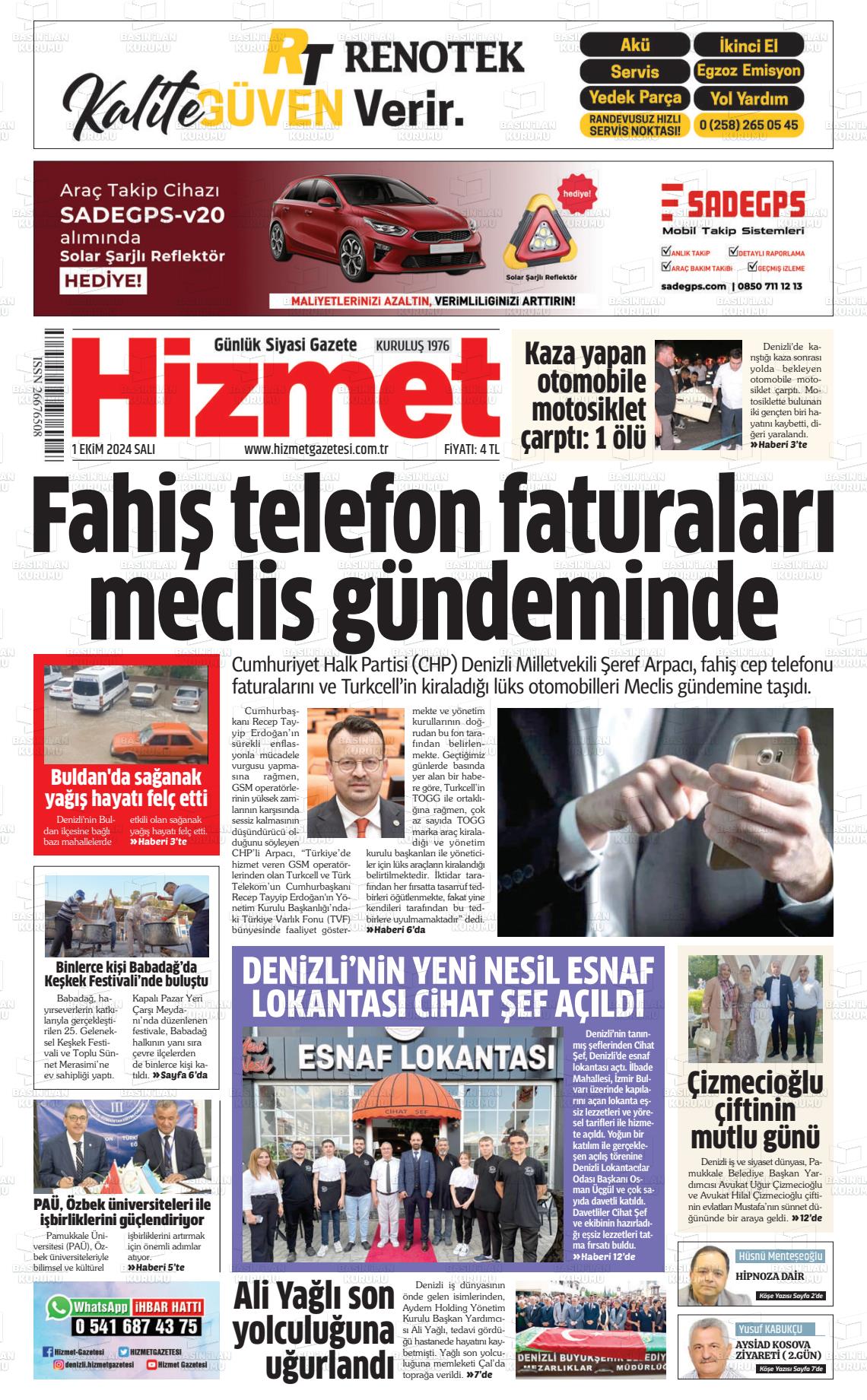 01 Ekim 2024 Hizmet Gazete Manşeti