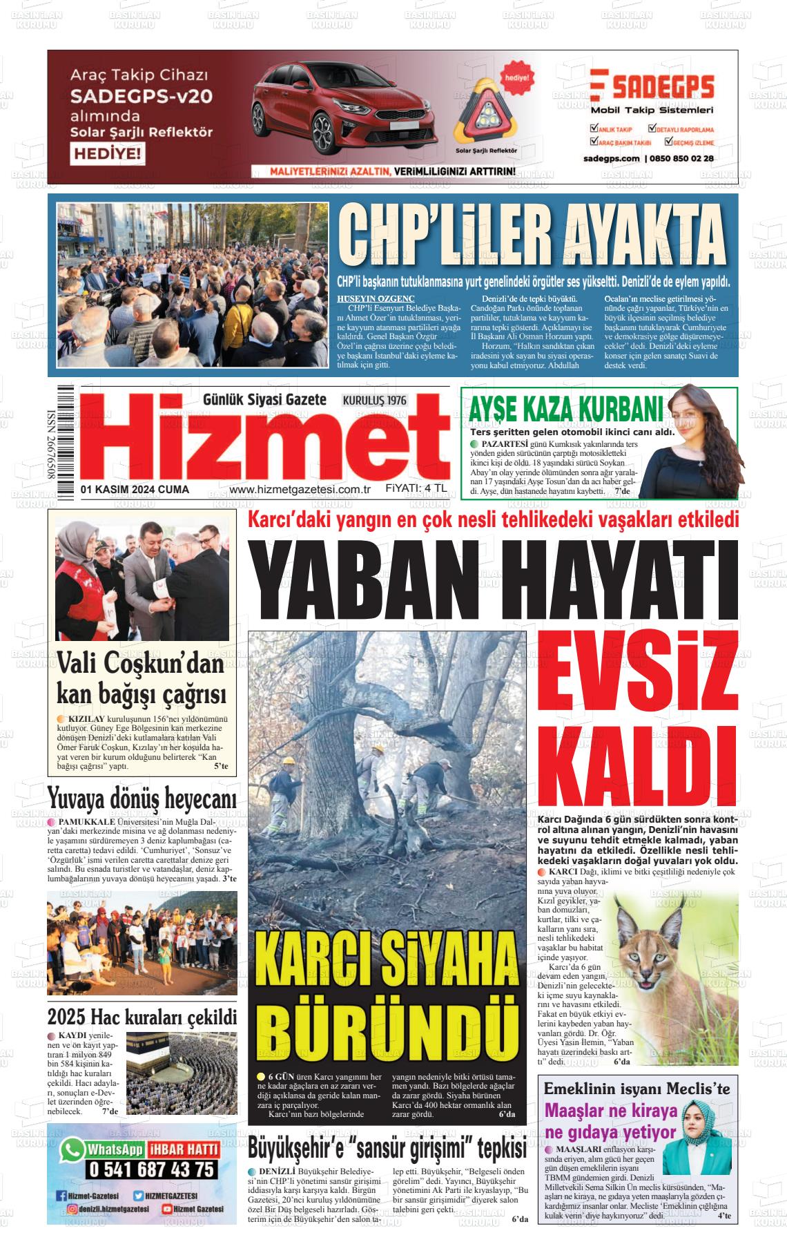 01 Kasım 2024 Hizmet Gazete Manşeti