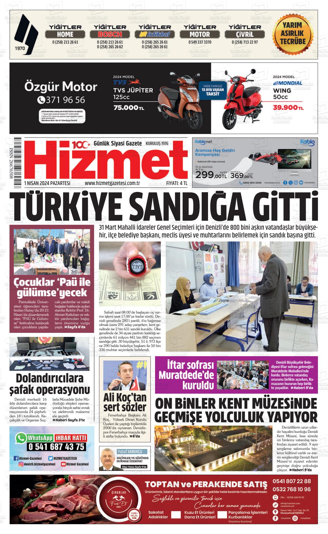 01 Nisan 2024 Hizmet Gazete Manşeti