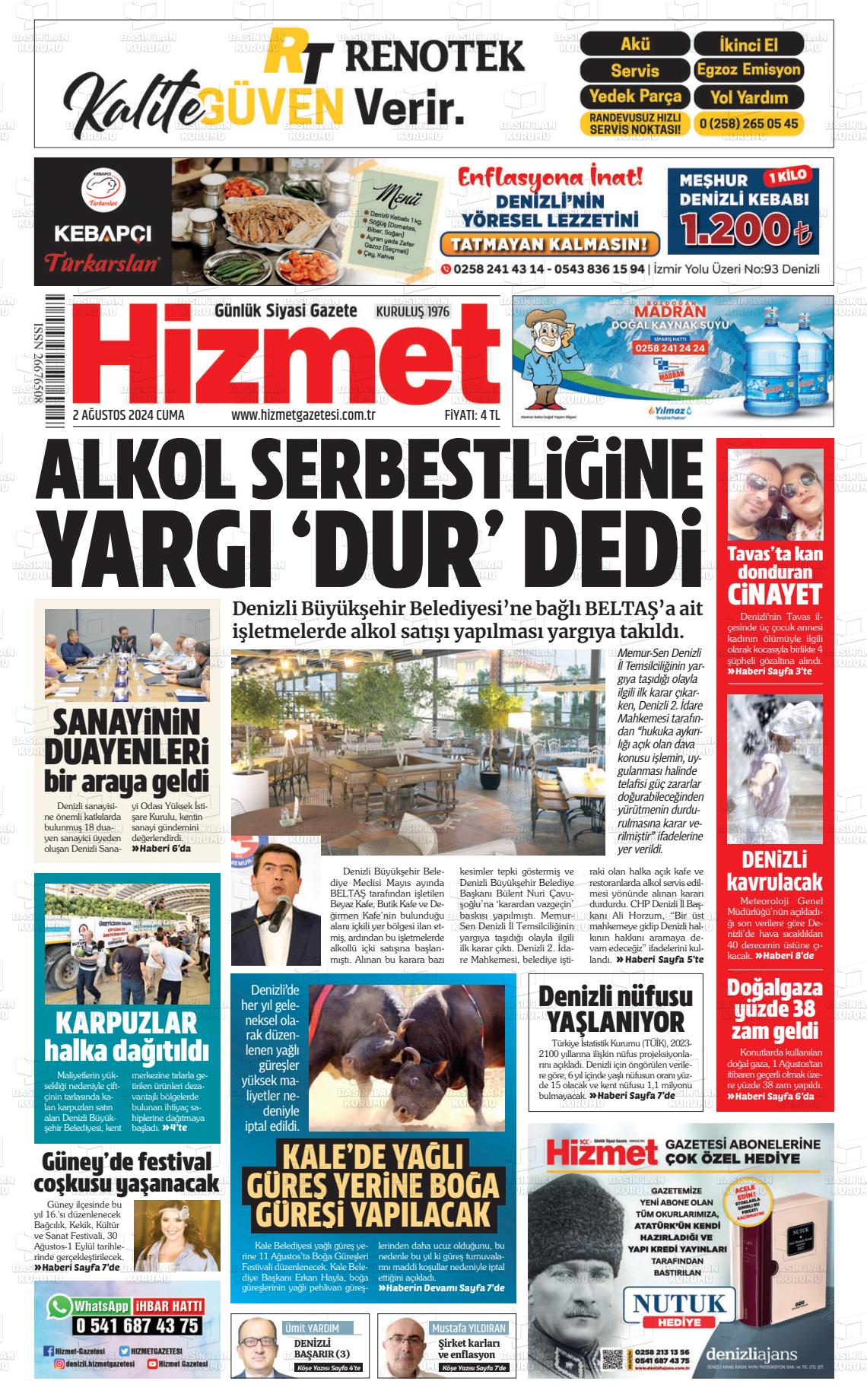 02 Ağustos 2024 Hizmet Gazete Manşeti