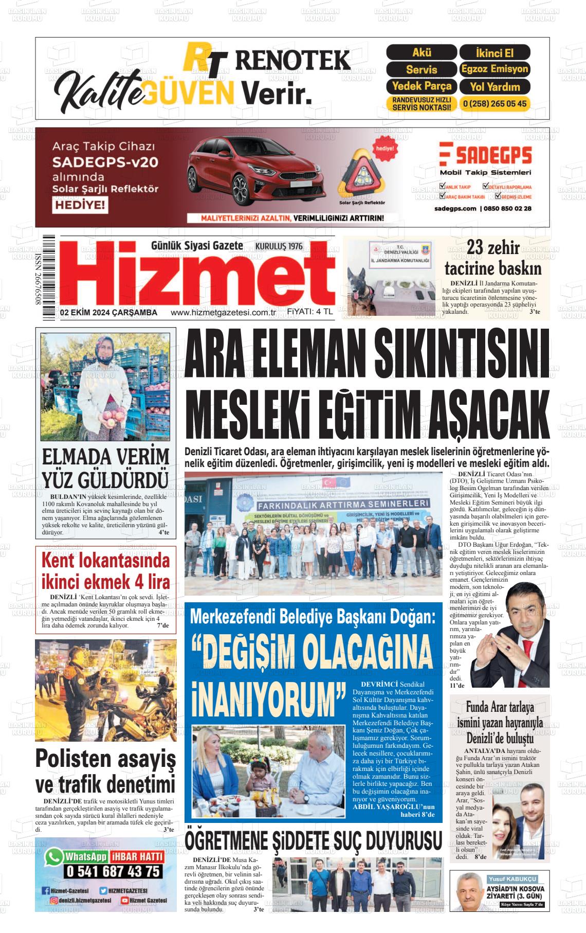 02 Ekim 2024 Hizmet Gazete Manşeti