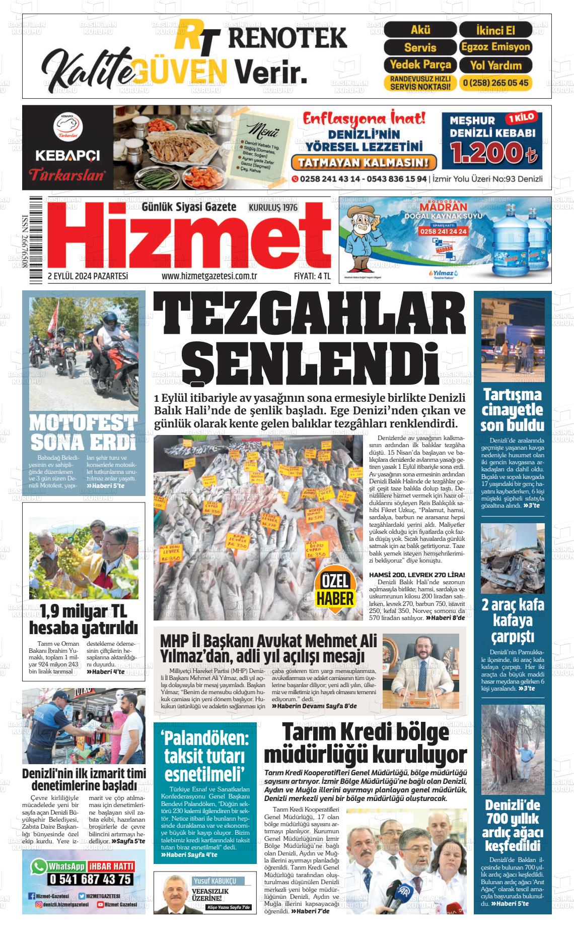 02 Eylül 2024 Hizmet Gazete Manşeti