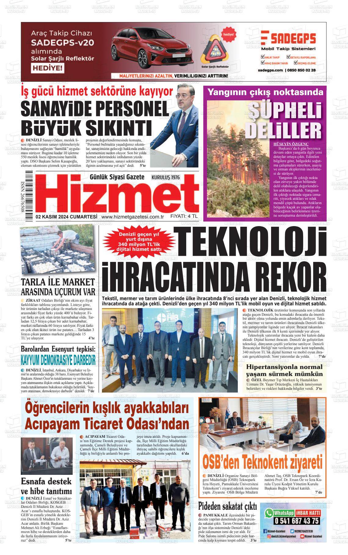 02 Kasım 2024 Hizmet Gazete Manşeti