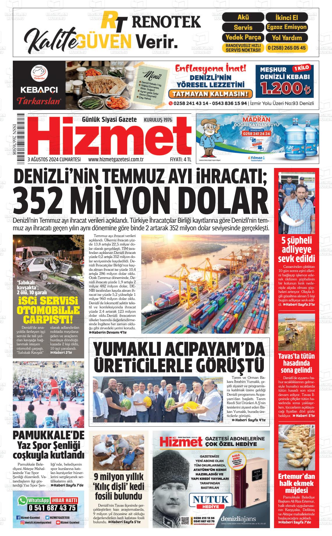 03 Ağustos 2024 Hizmet Gazete Manşeti