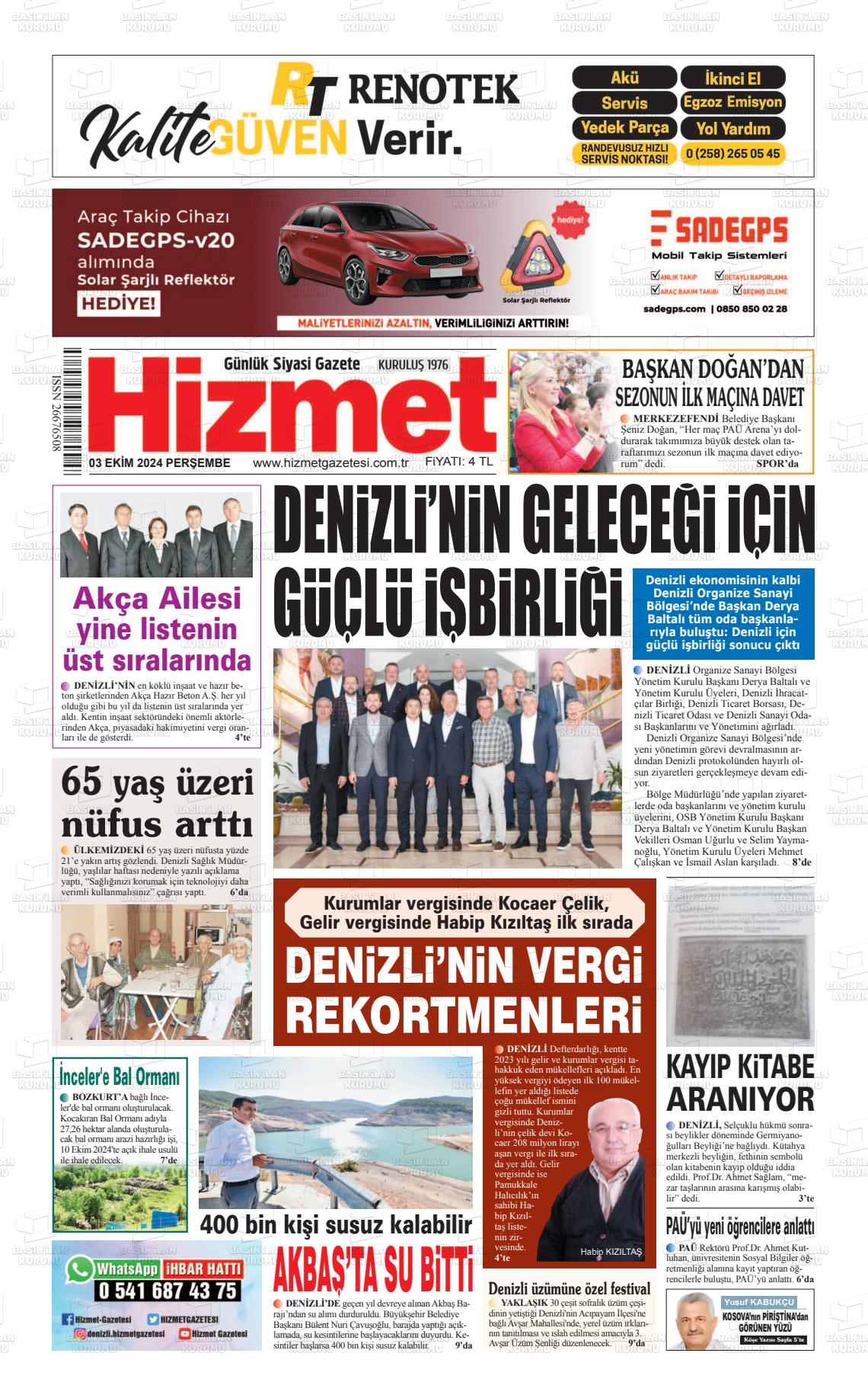 03 Ekim 2024 Hizmet Gazete Manşeti