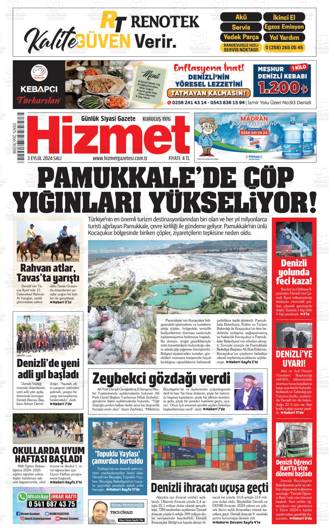 03 Eylül 2024 Hizmet Gazete Manşeti