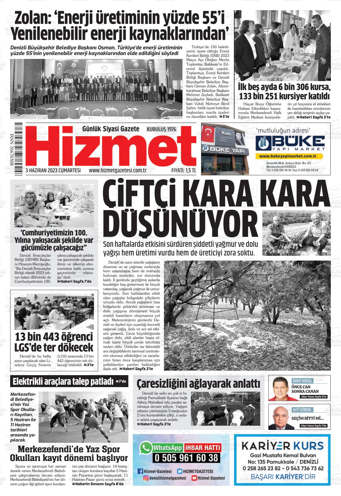 03 Haziran 2023 Hizmet Gazete Manşeti