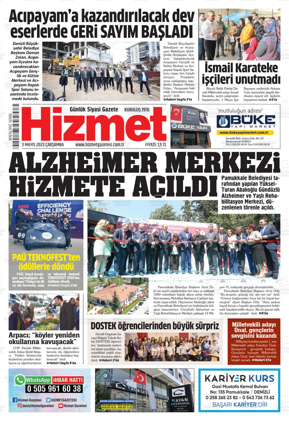 03 Mayıs 2023 Hizmet Gazete Manşeti