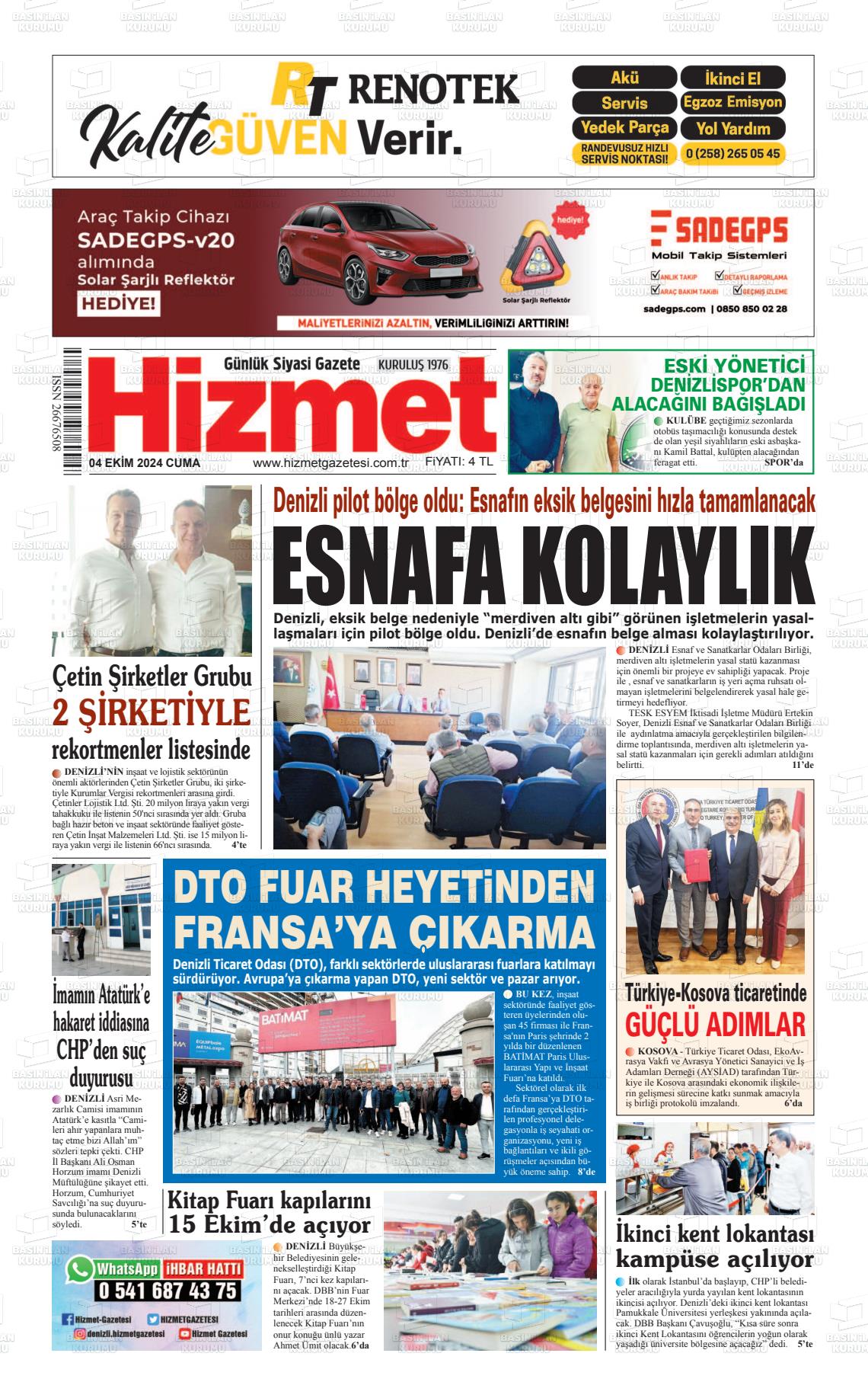 04 Ekim 2024 Hizmet Gazete Manşeti