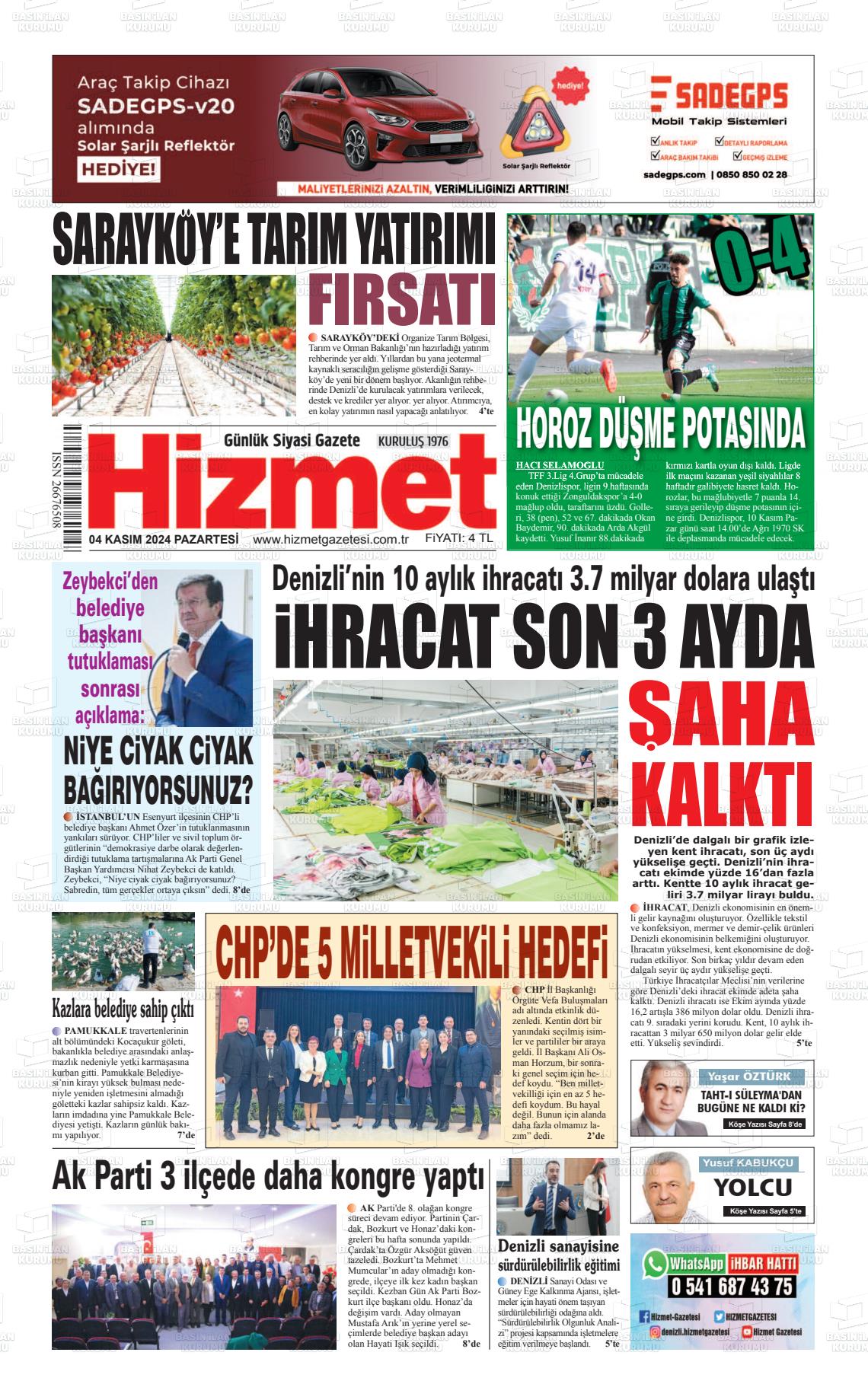 04 Kasım 2024 Hizmet Gazete Manşeti