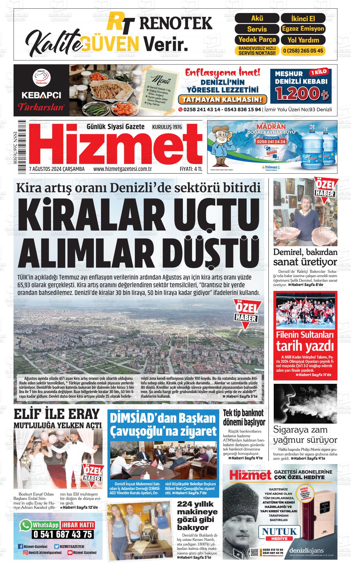 07 Ağustos 2024 Hizmet Gazete Manşeti