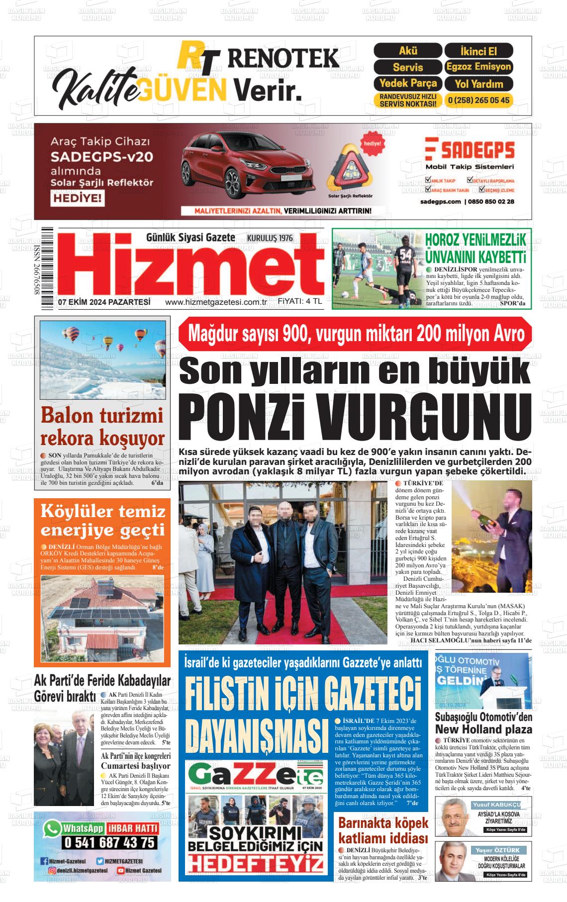 07 Ekim 2024 Hizmet Gazete Manşeti