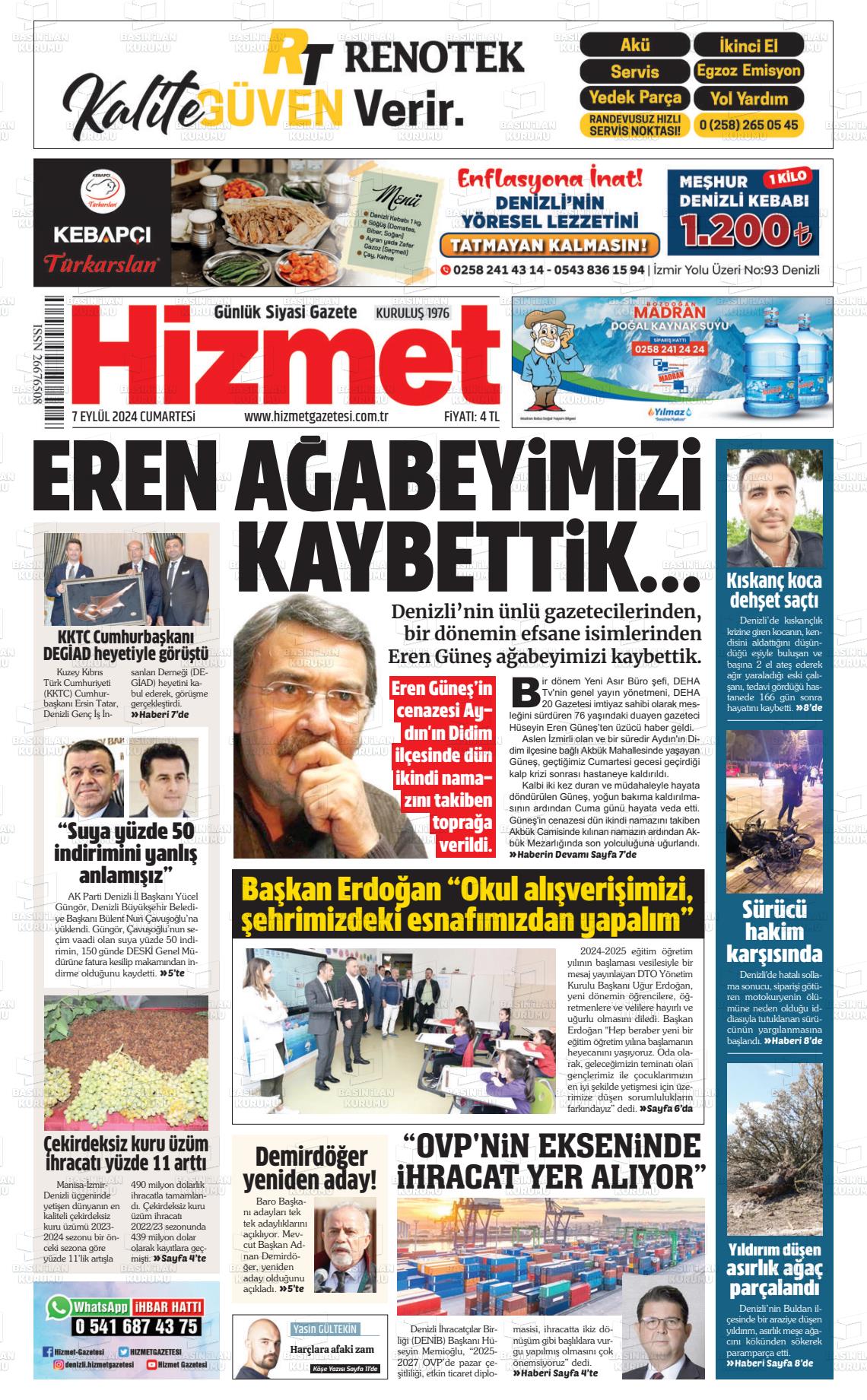 07 Eylül 2024 Hizmet Gazete Manşeti