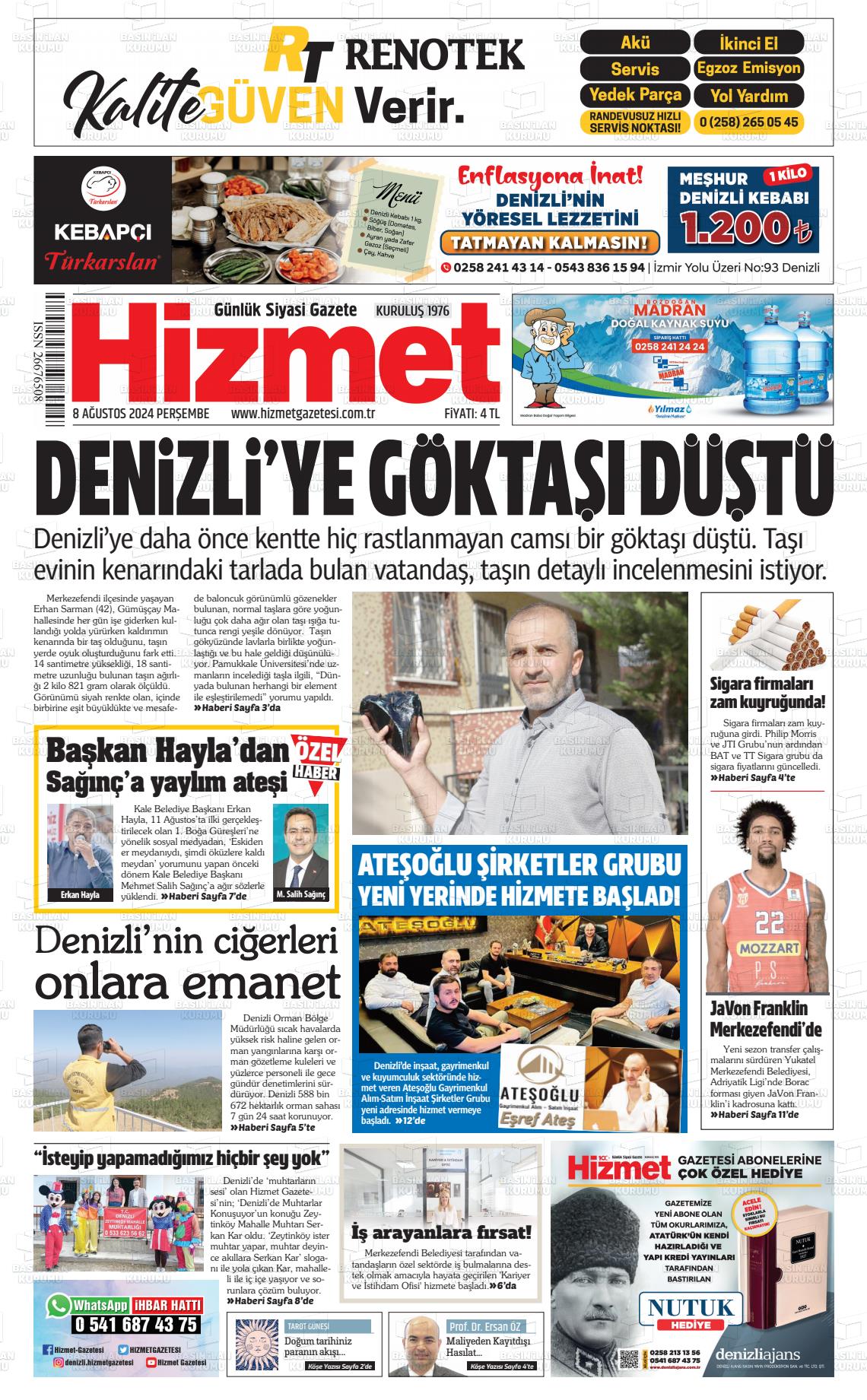 08 Ağustos 2024 Hizmet Gazete Manşeti