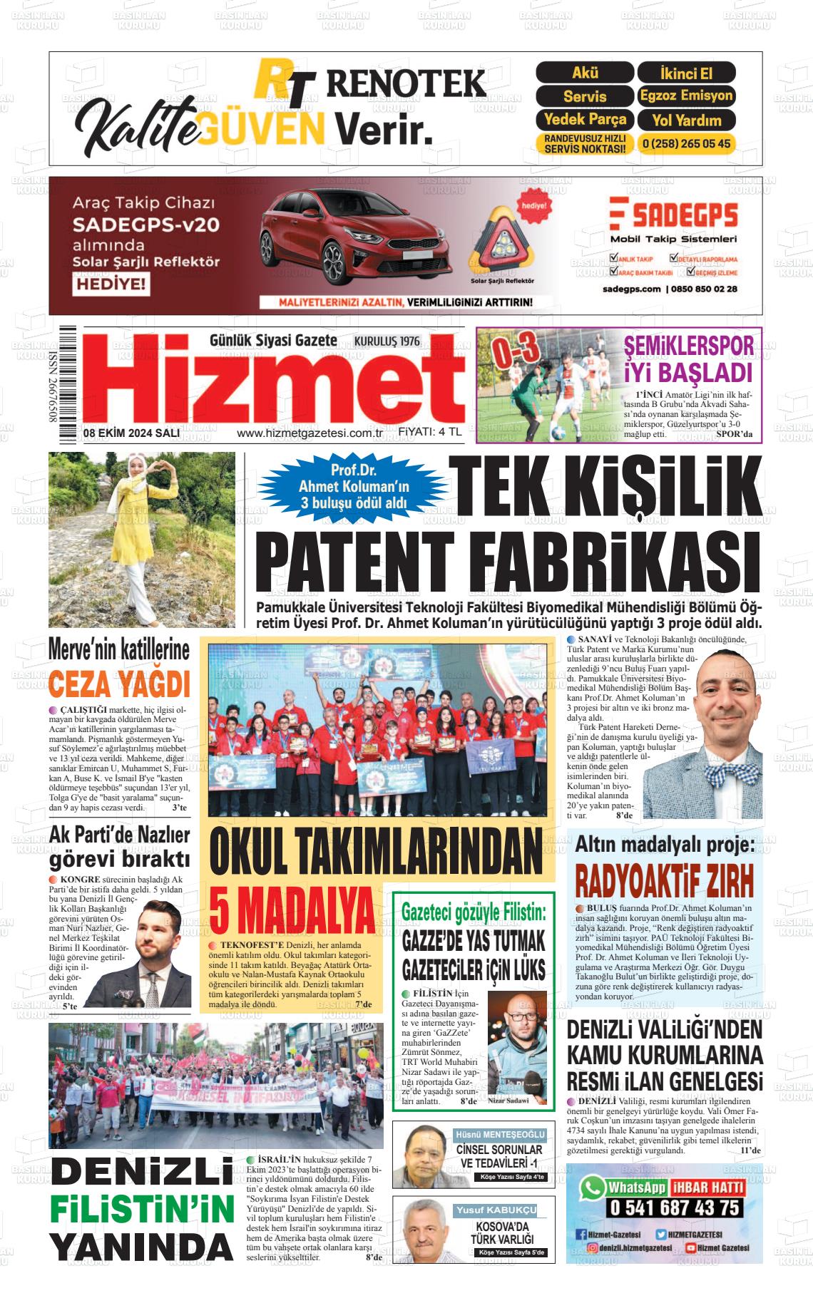 08 Ekim 2024 Hizmet Gazete Manşeti