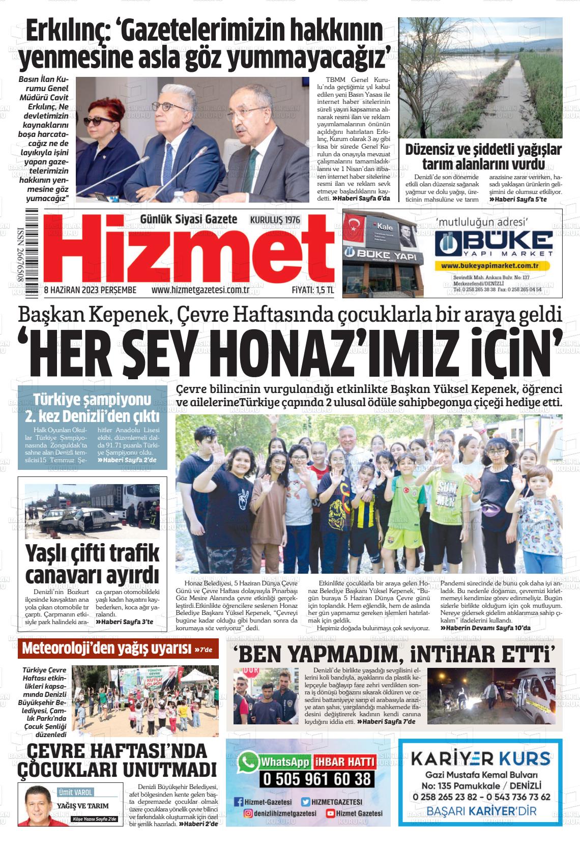 08 Haziran 2023 Hizmet Gazete Manşeti