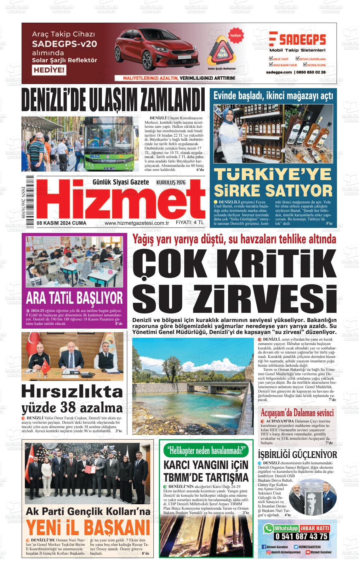 08 Kasım 2024 Hizmet Gazete Manşeti