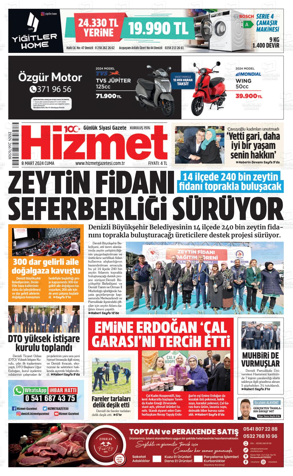 08 Mart 2024 Hizmet Gazete Manşeti