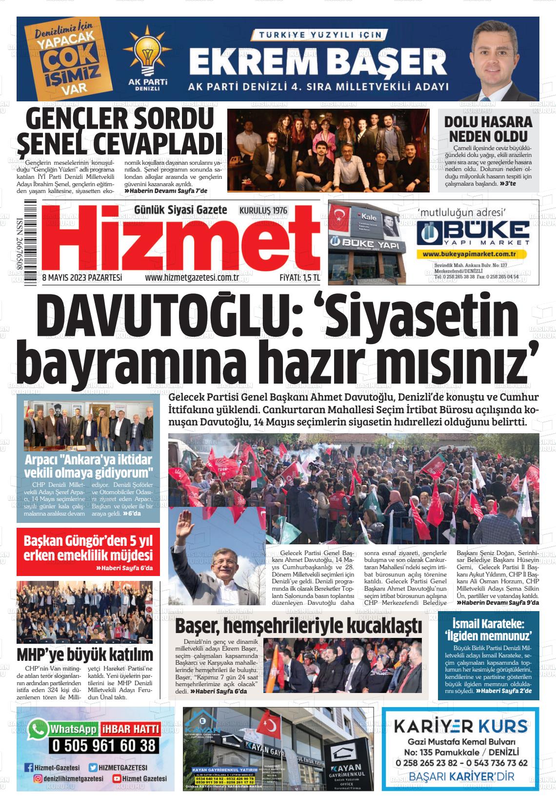 08 Mayıs 2023 Hizmet Gazete Manşeti