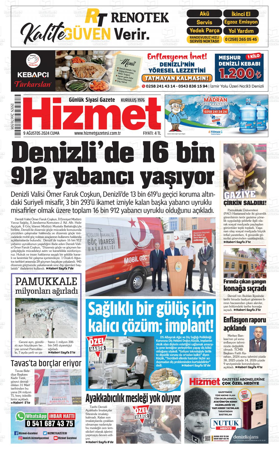 09 Ağustos 2024 Hizmet Gazete Manşeti