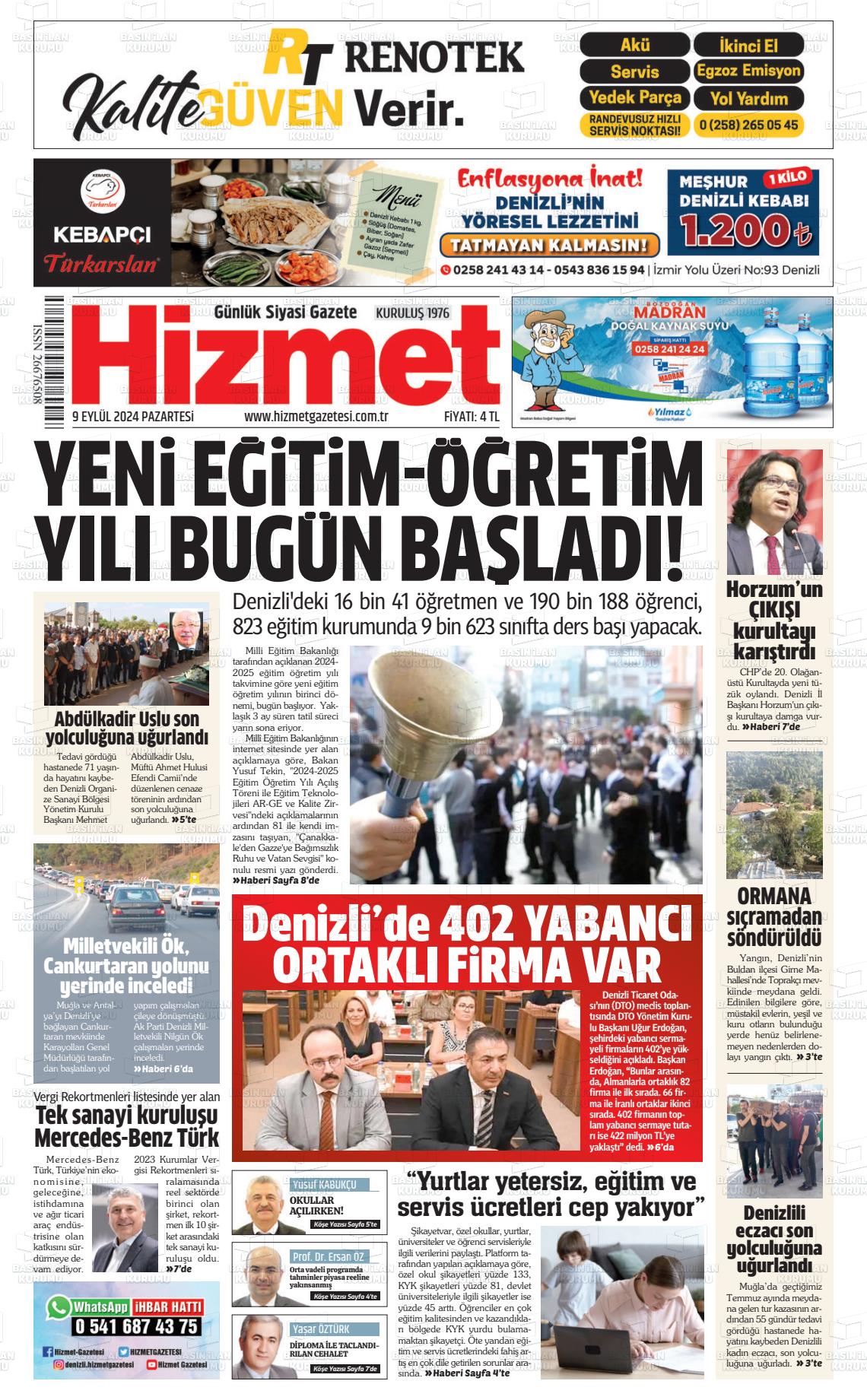 09 Eylül 2024 Hizmet Gazete Manşeti