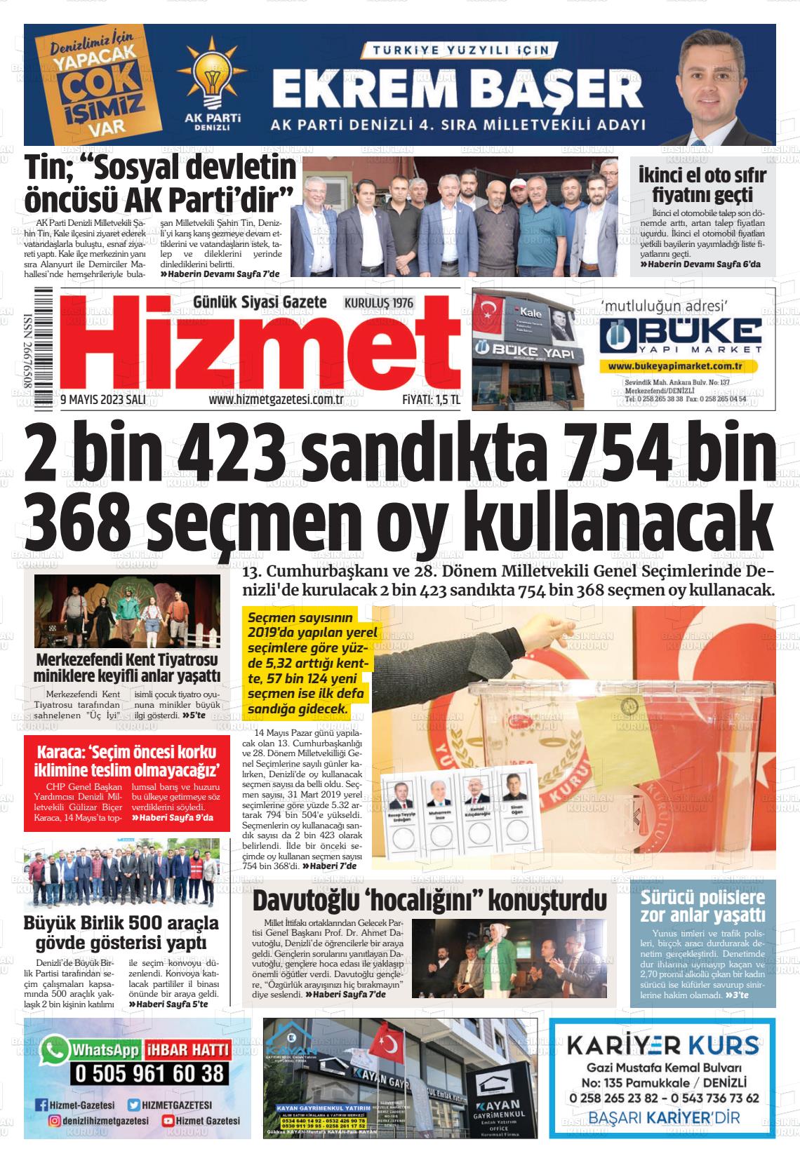 09 Mayıs 2023 Hizmet Gazete Manşeti