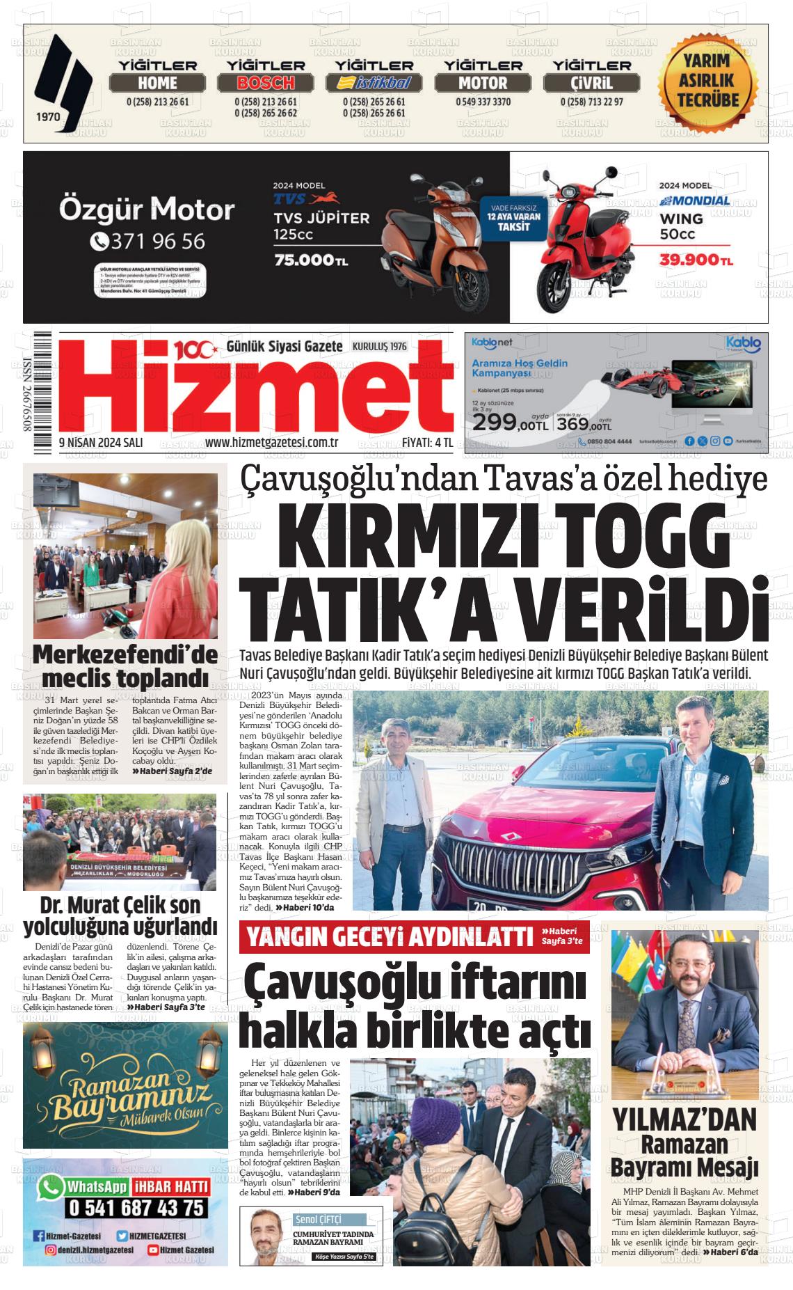 09 Nisan 2024 Hizmet Gazete Manşeti