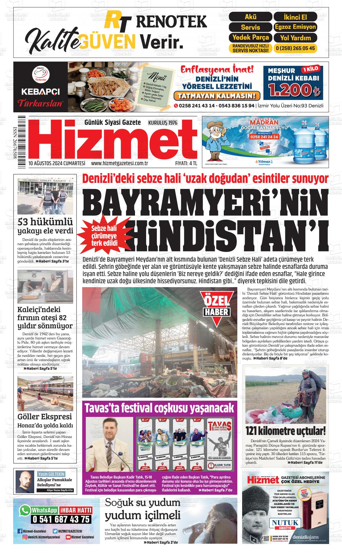 10 Ağustos 2024 Hizmet Gazete Manşeti