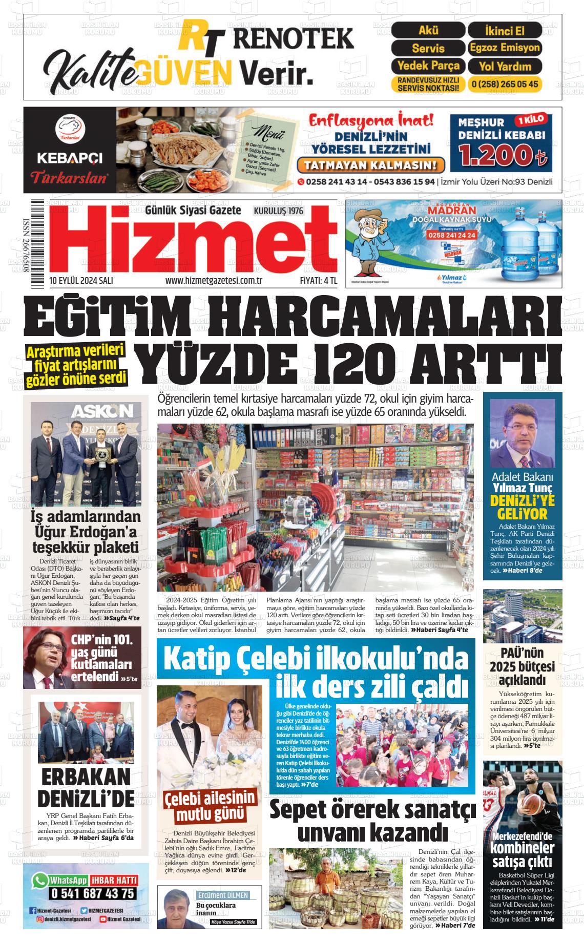 10 Eylül 2024 Hizmet Gazete Manşeti