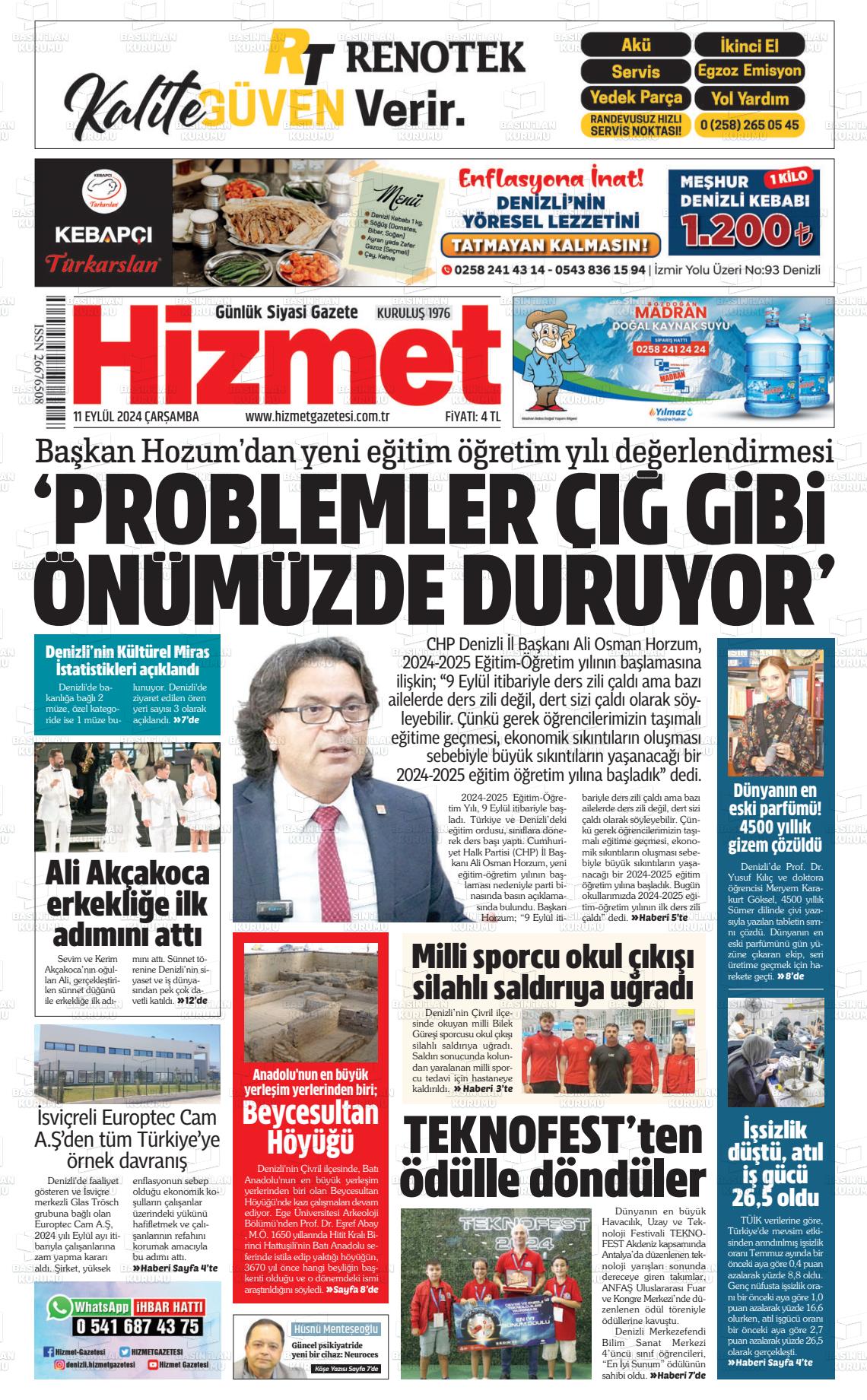 11 Eylül 2024 Hizmet Gazete Manşeti