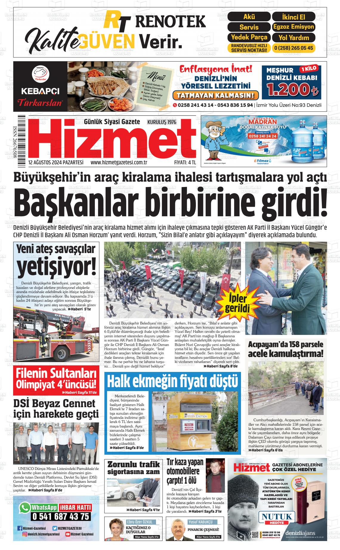 12 Ağustos 2024 Hizmet Gazete Manşeti