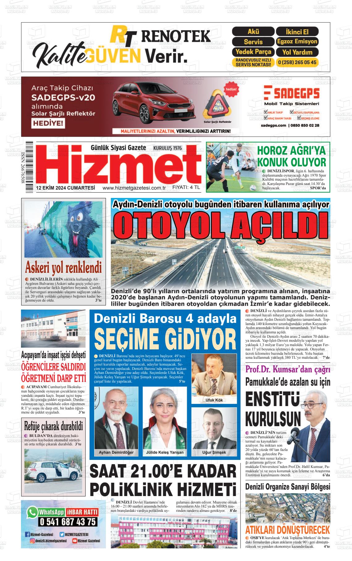 12 Ekim 2024 Hizmet Gazete Manşeti