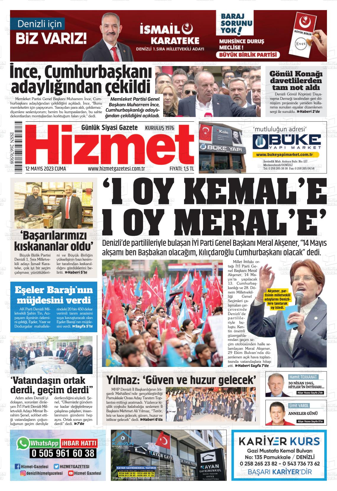 12 Mayıs 2023 Hizmet Gazete Manşeti