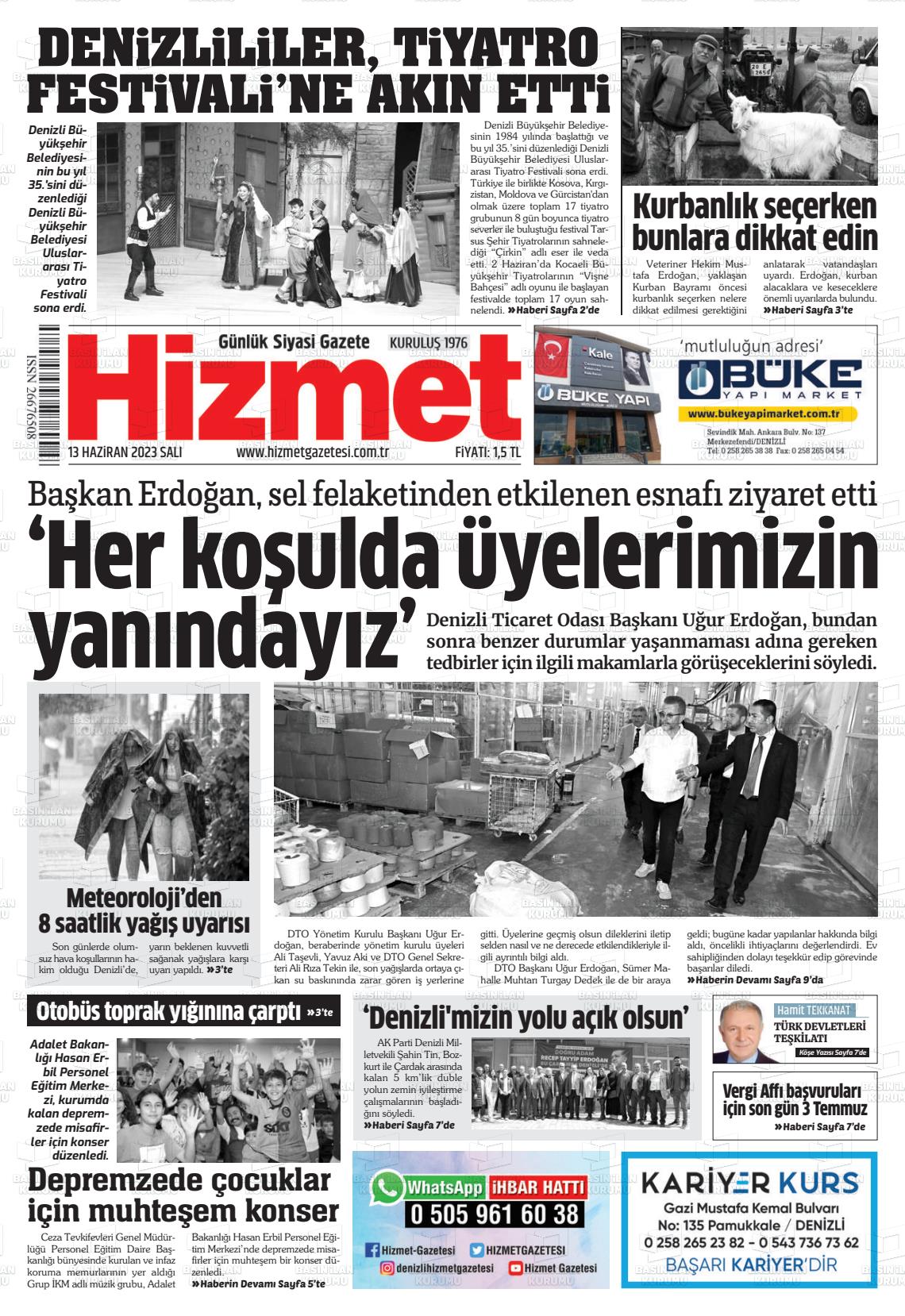 13 Haziran 2023 Hizmet Gazete Manşeti