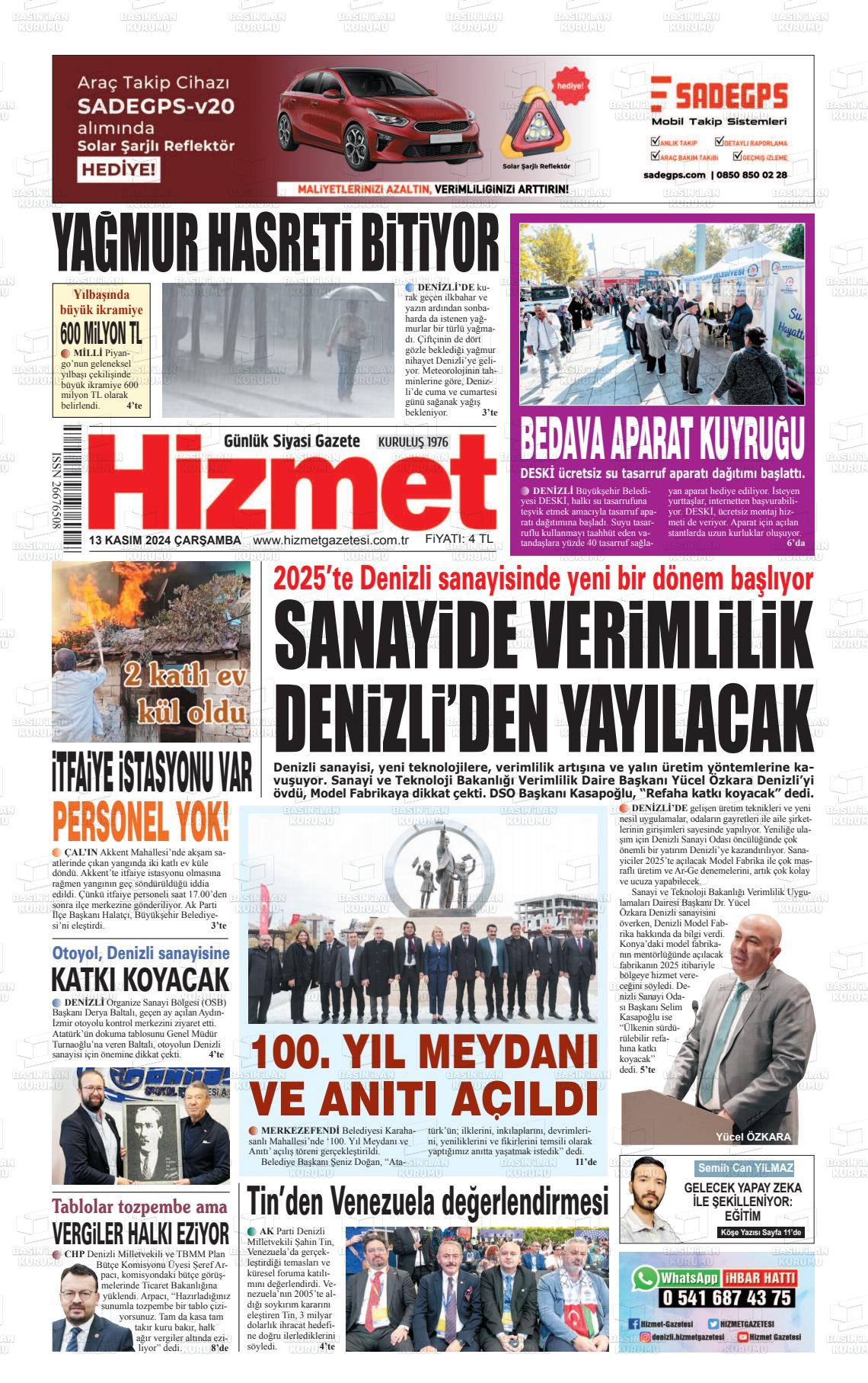 13 Kasım 2024 Hizmet Gazete Manşeti