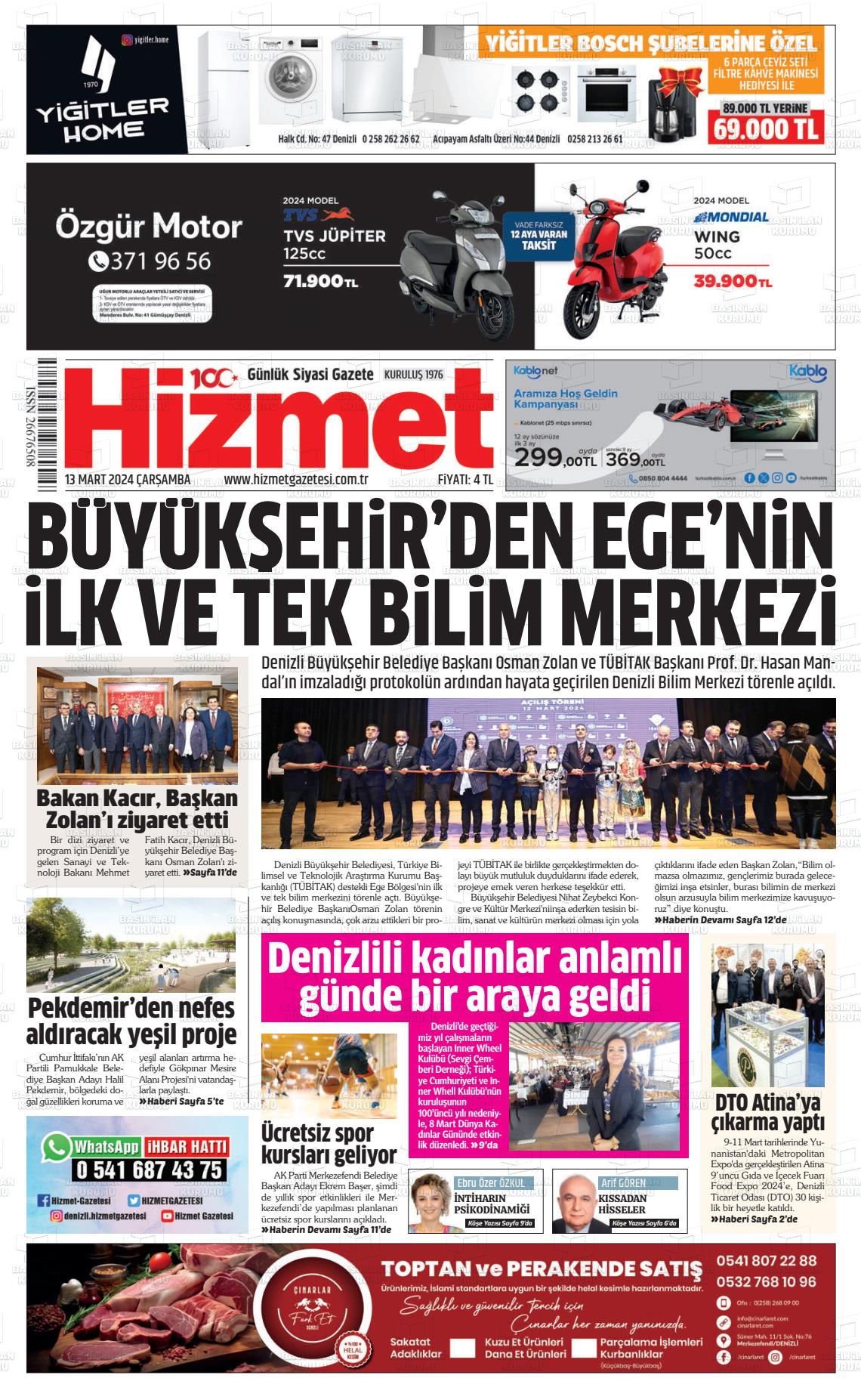 13 Mart 2024 Hizmet Gazete Manşeti