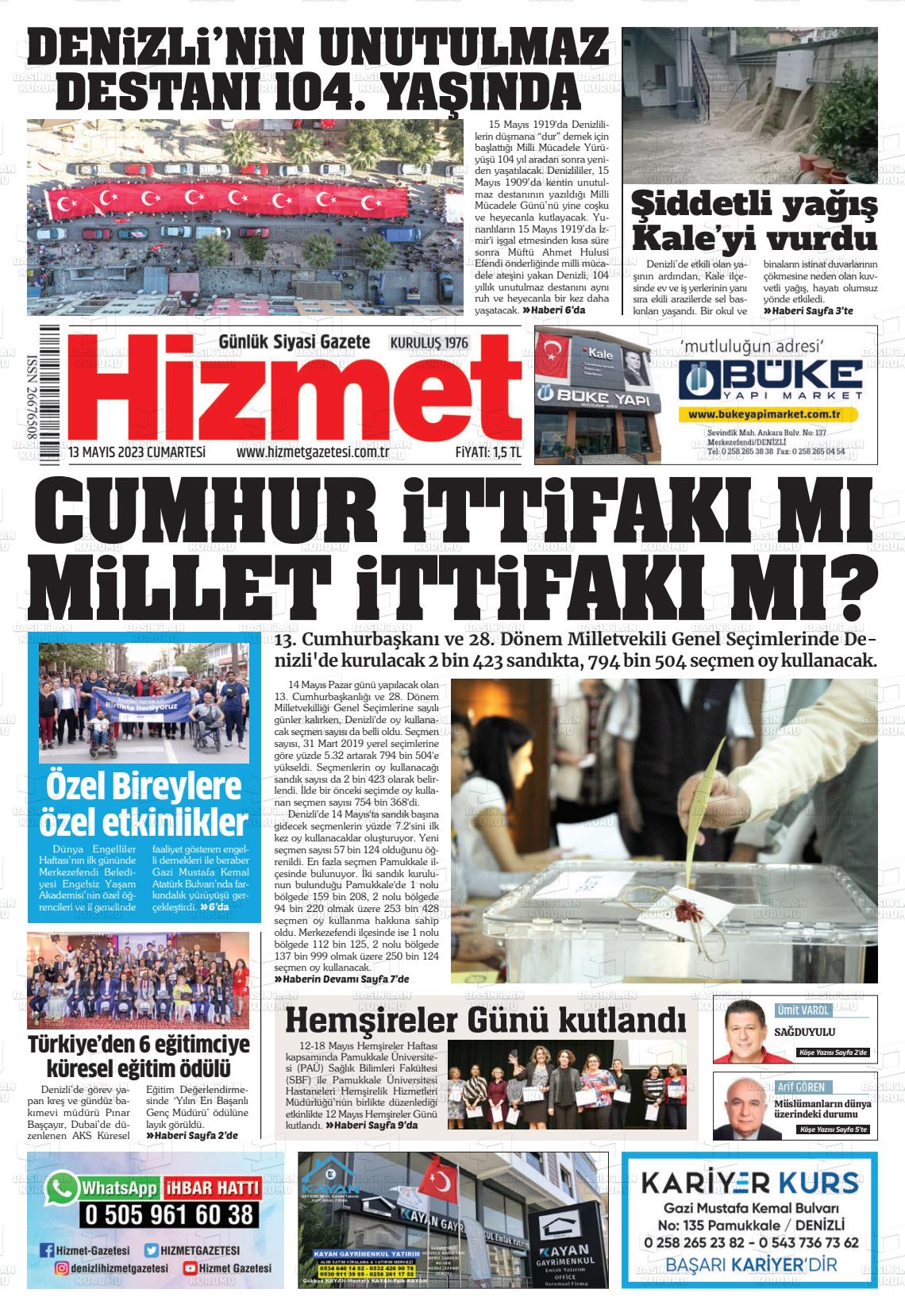 13 Mayıs 2023 Hizmet Gazete Manşeti