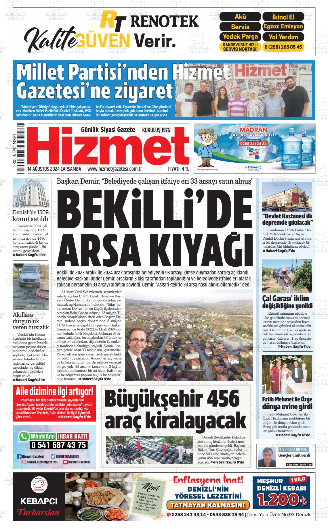 14 Ağustos 2024 Hizmet Gazete Manşeti