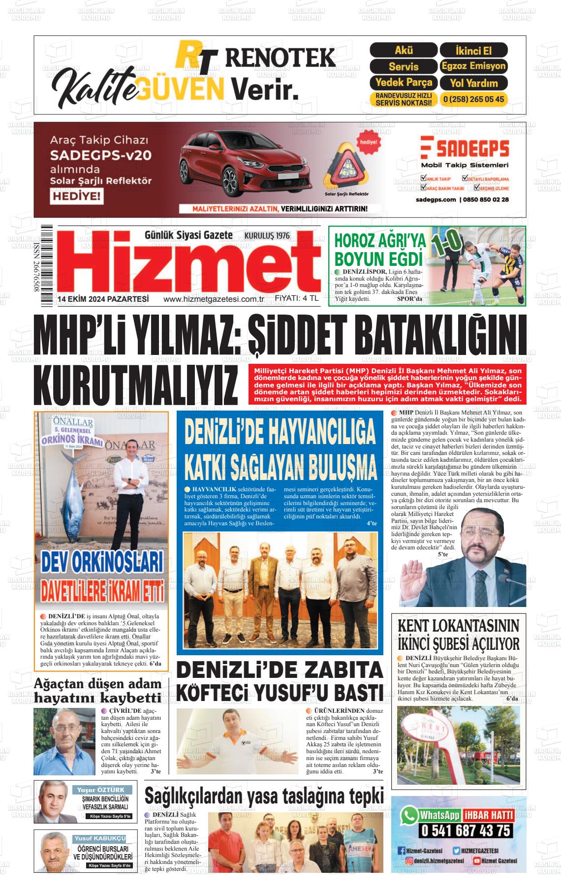 14 Ekim 2024 Hizmet Gazete Manşeti