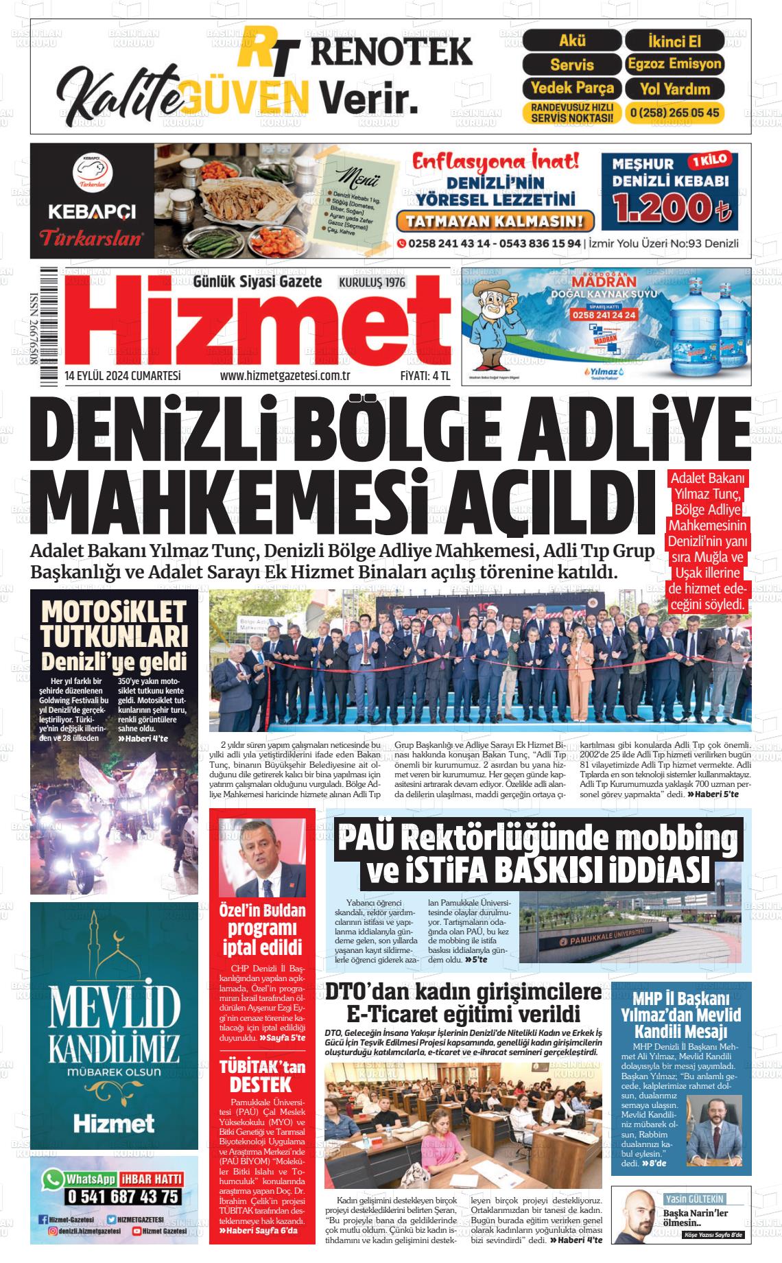 14 Eylül 2024 Hizmet Gazete Manşeti