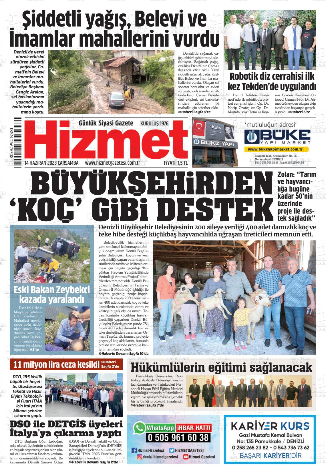 14 Haziran 2023 Hizmet Gazete Manşeti