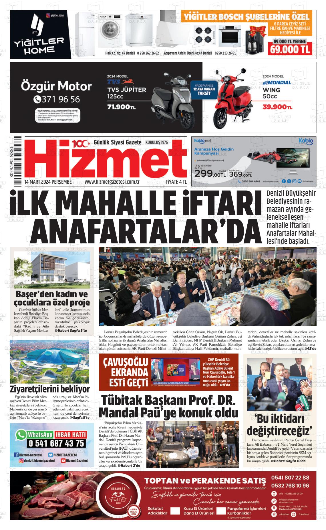 14 Mart 2024 Hizmet Gazete Manşeti