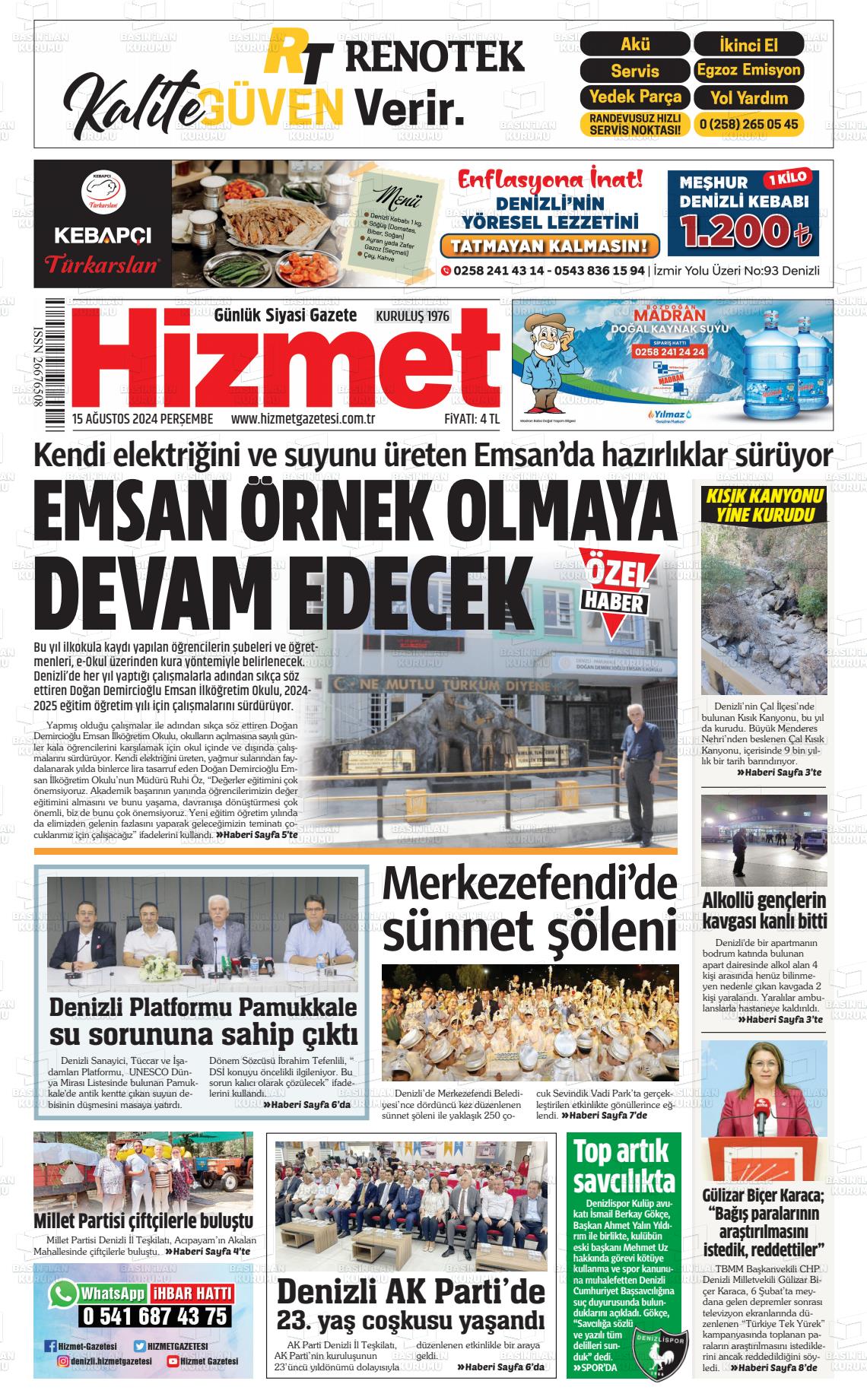 15 Ağustos 2024 Hizmet Gazete Manşeti