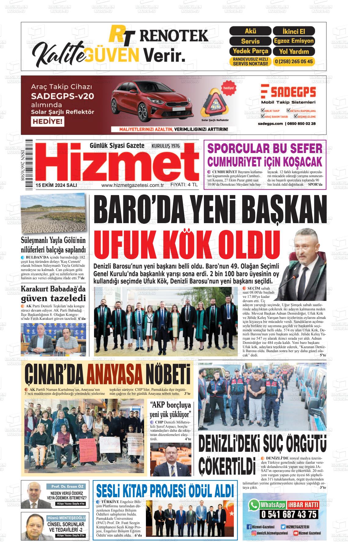 15 Ekim 2024 Hizmet Gazete Manşeti